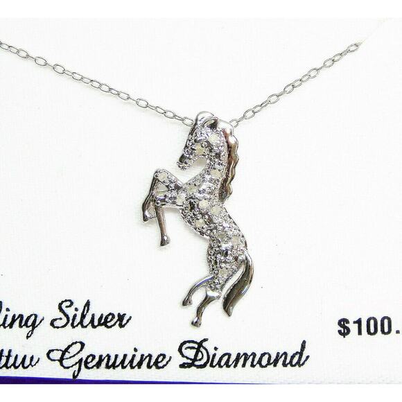 NEW 1/10ct DIAMOND .925 Silver HORSE PENDANT NECKLACE 18" Sterling Silver Chain - Picture 3 of 6